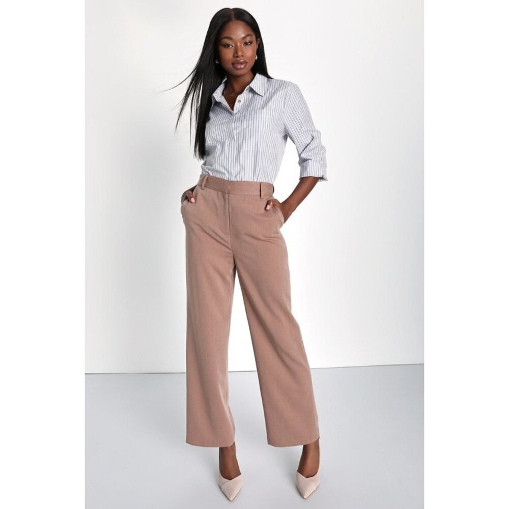 Lulus Career Cutie Taupe High-waisted Straight Leg Trouser Pants - Size S